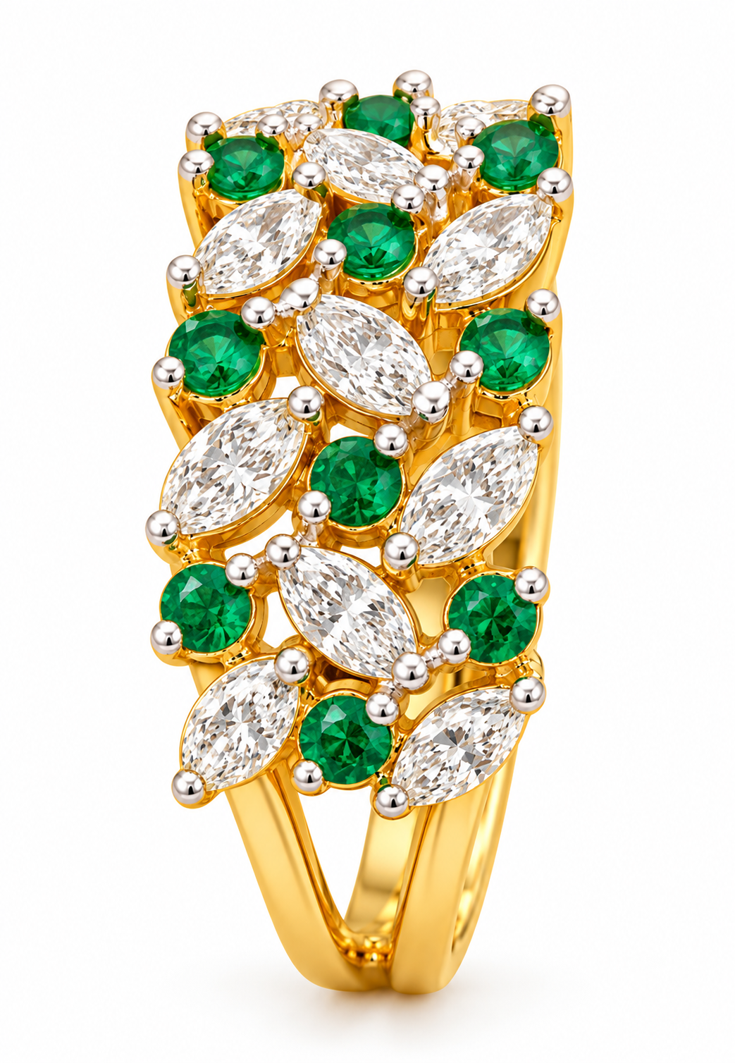 925 Silver Green Emerald & Marquise Korean Diamond Cluster Ring