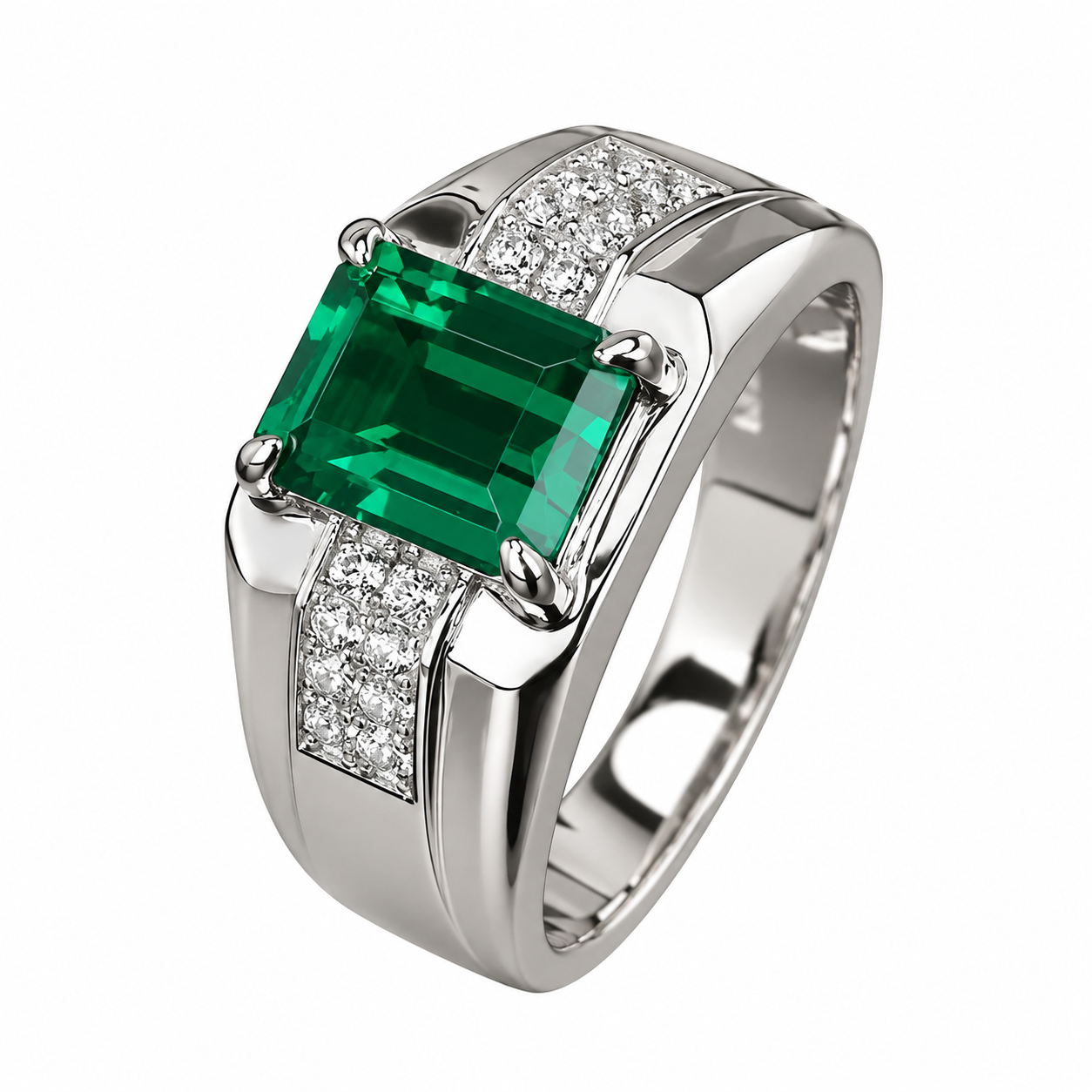 925 Silver Green Stone Emerald Cut Pavé Ring
