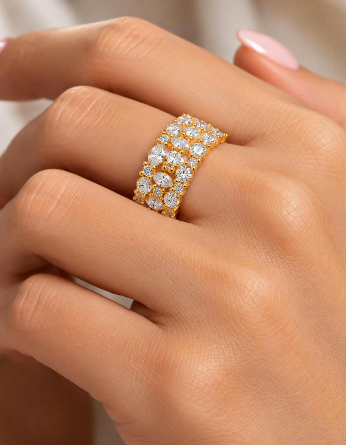 925 Silver Row Marquise Yellow Gold Ring