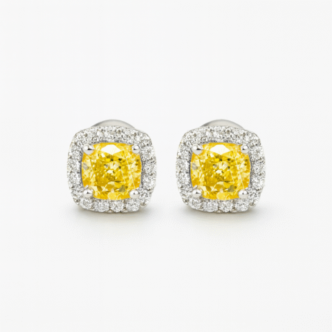 Yellow Cushion Halo Stud Earrings – 925 Silver | Women’s Silver Jewellery