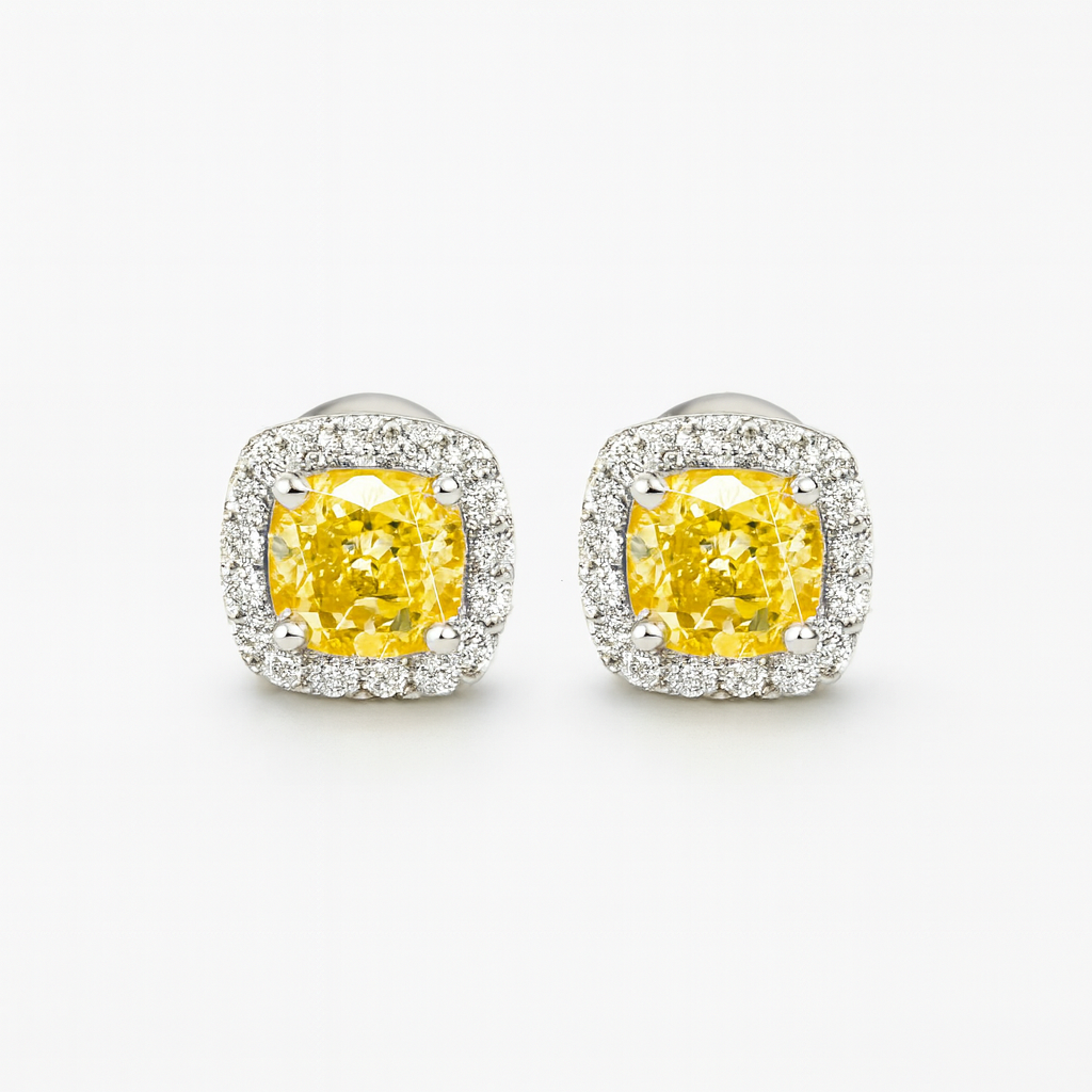 Yellow Cushion Halo Stud Earrings – 925 Silver | Women’s Silver Jewellery