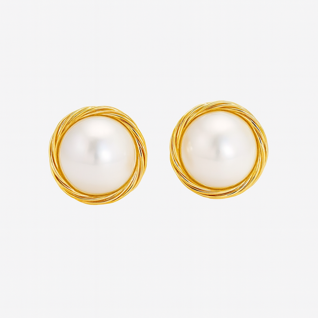 925 Silver Gold Plated Pearl Stud Earrings | Classic Round Pearl Ear Studs for Women"