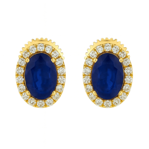 925 Silver Gold Plated Blue Sapphire Oval Stud Earrings with Korean Halo for Women