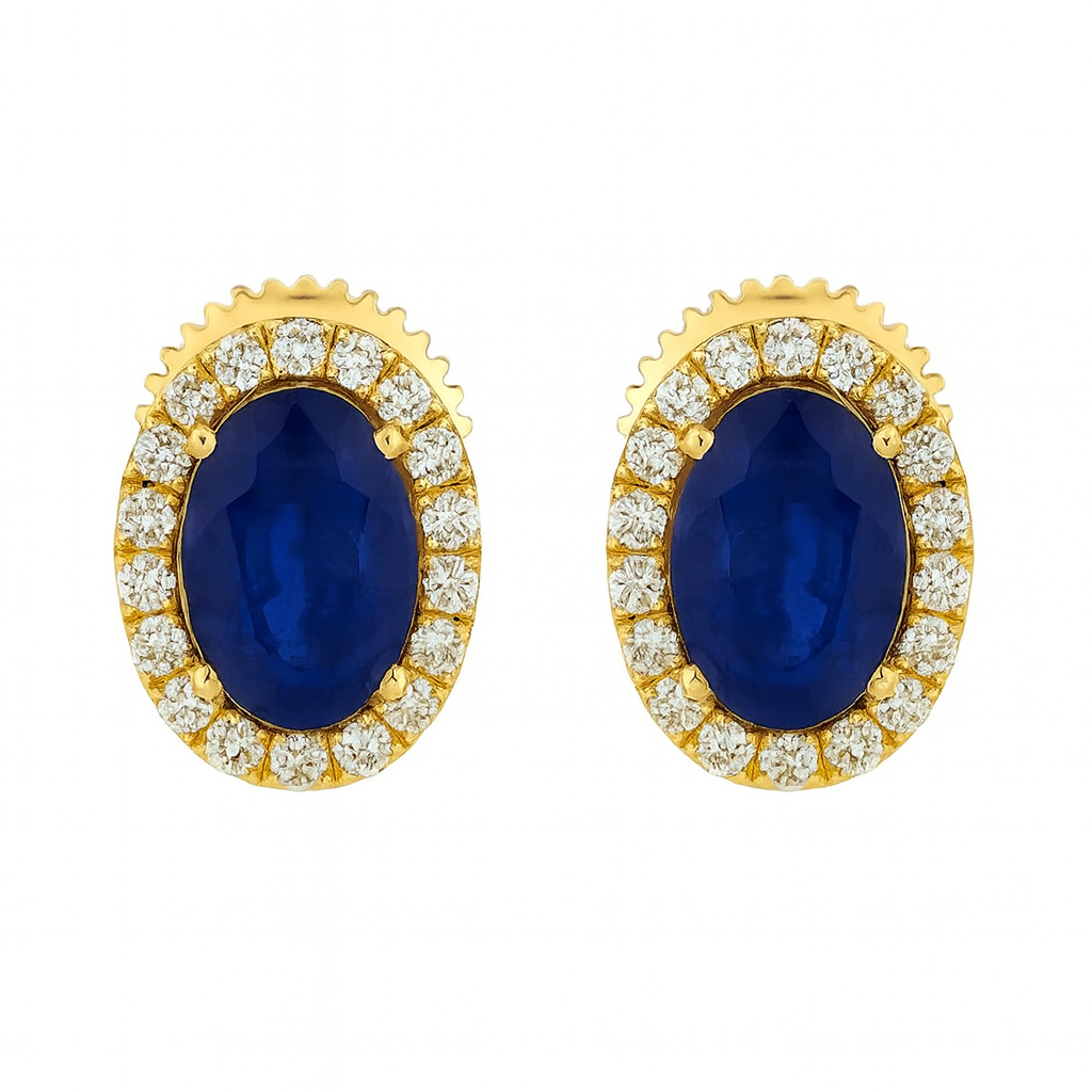 925 Silver Gold Plated Blue Sapphire Oval Stud Earrings with Korean Halo for Women
