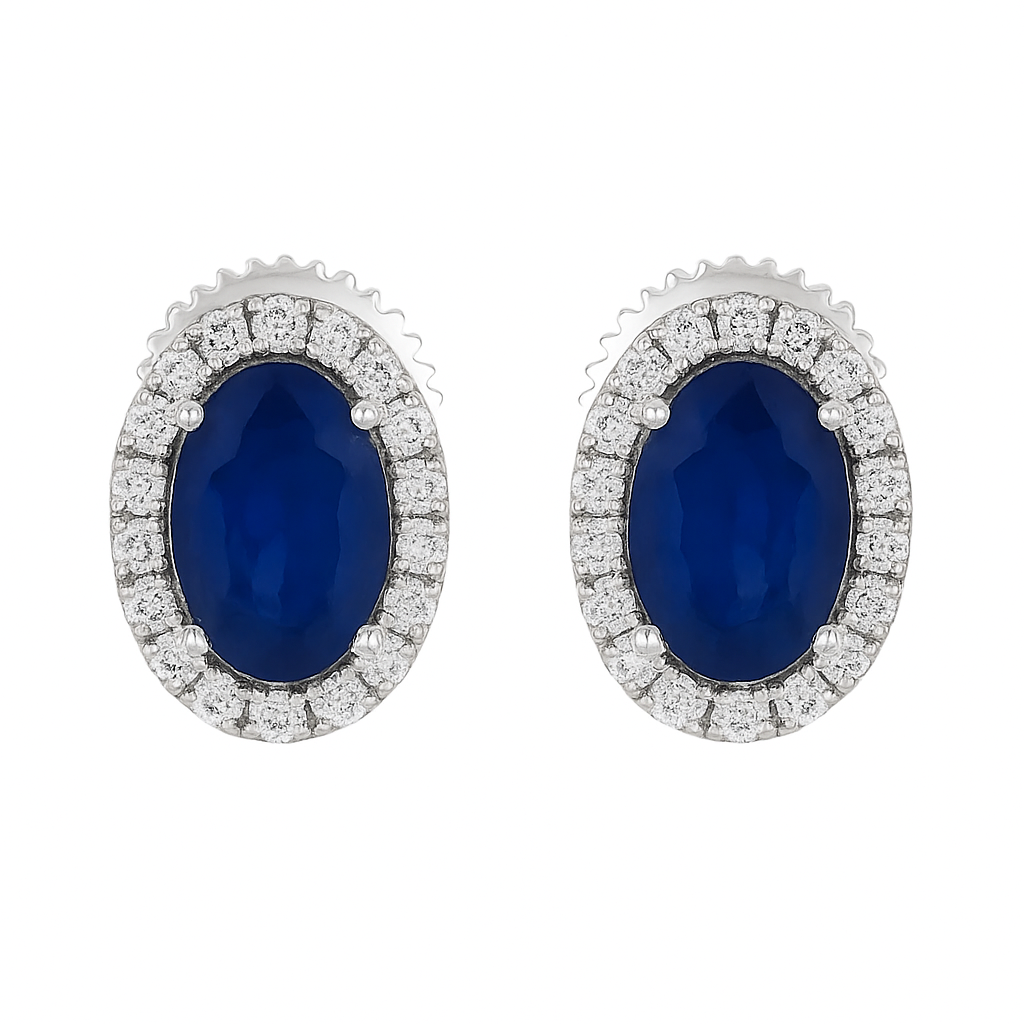 925 Silver Gold Plated Blue Sapphire Oval Stud Earrings with Korean Halo for Women - Image 2