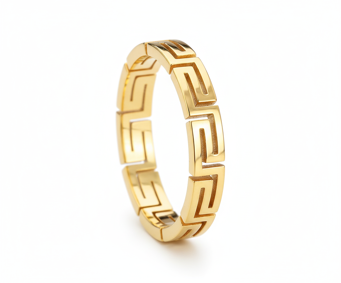 925 Silver Greek Key Design Gold Plated Band Ring | Unisex Geometric Pattern Ring"