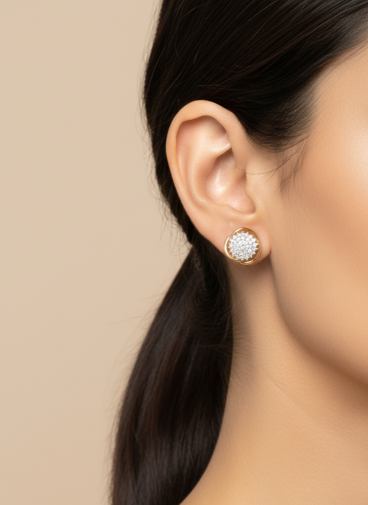 925 Silver Round Cluster Stud Earrings for Women | Gold Plated CZ Diamond Look Earrings" - Image 3