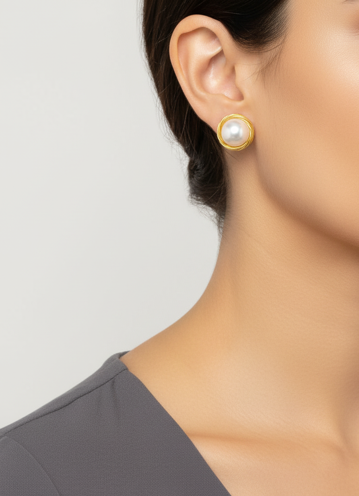 925 Silver Gold Plated Pearl Stud Earrings | Classic Round Pearl Ear Studs for Women" - Image 3