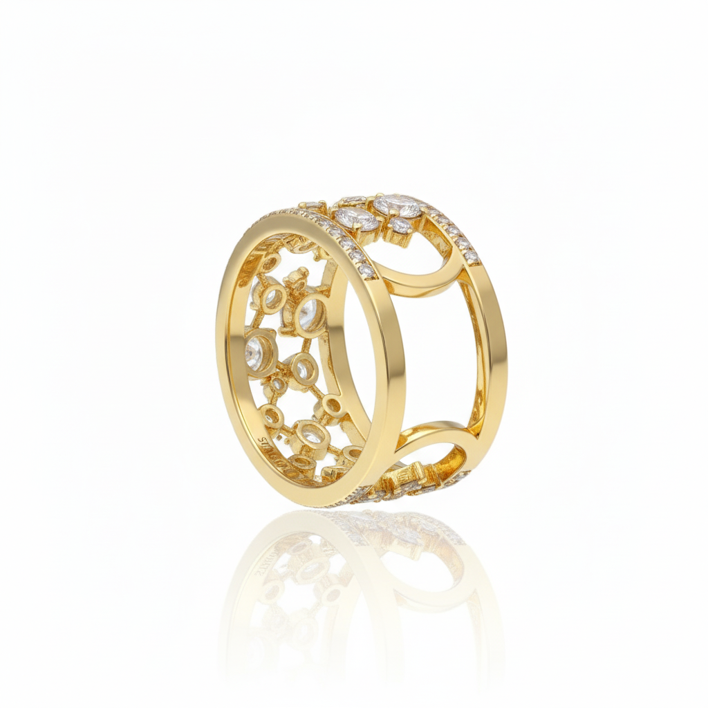 925 Silver Gold Plated Wide Diamond Band Ring | Openwork Korean Cocktail Ring for Women" - Image 2