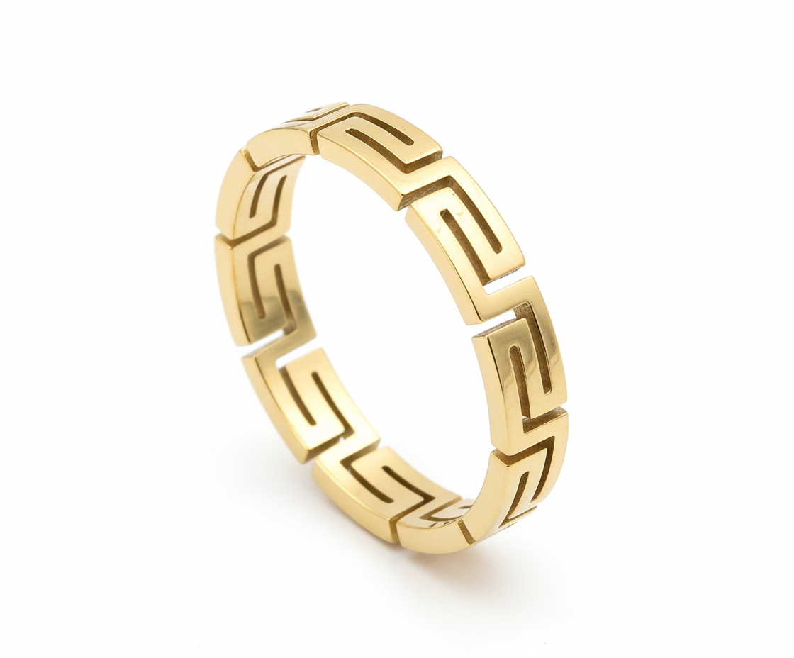 925 Silver Greek Key Design Gold Plated Band Ring | Unisex Geometric Pattern Ring" - Image 2