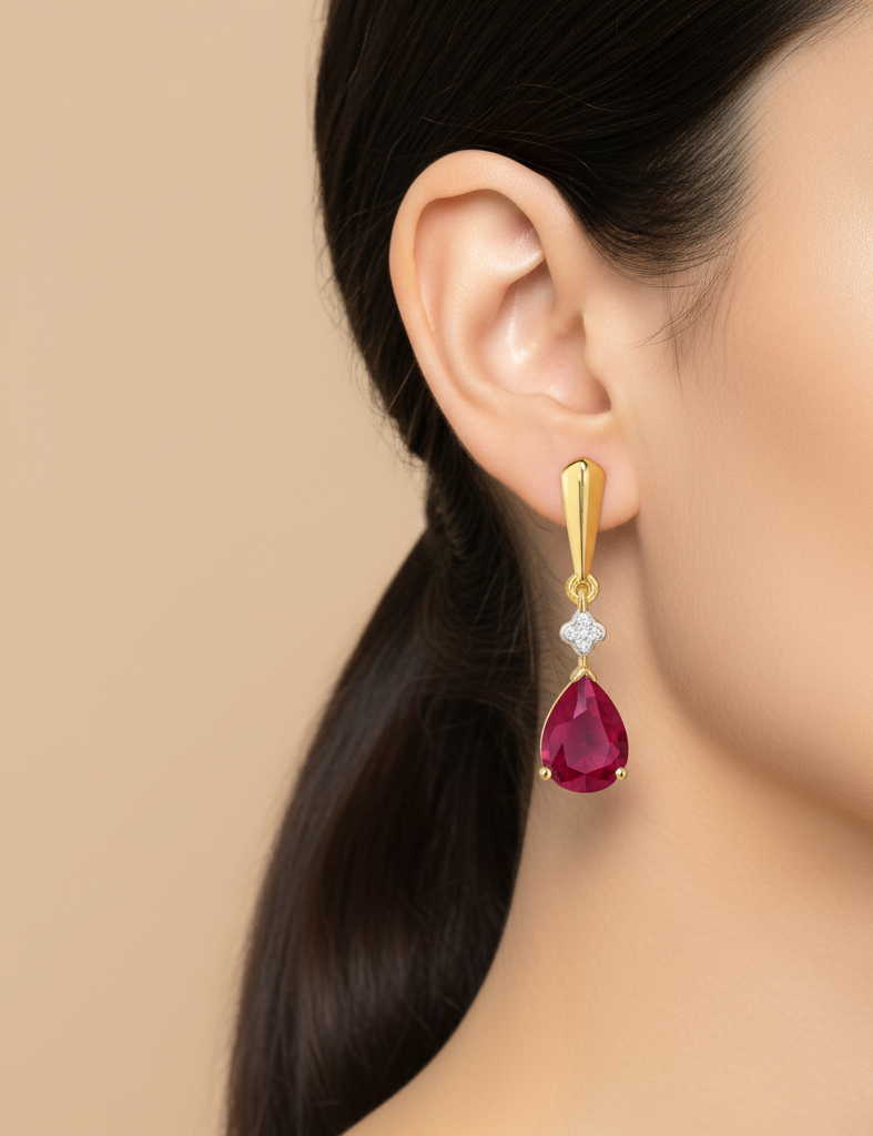 925 Silver Gold Plated Ruby Drop Earrings | Tear Drop Red Stone & Korean Diamond Dangle Earrings for Women" - Image 3