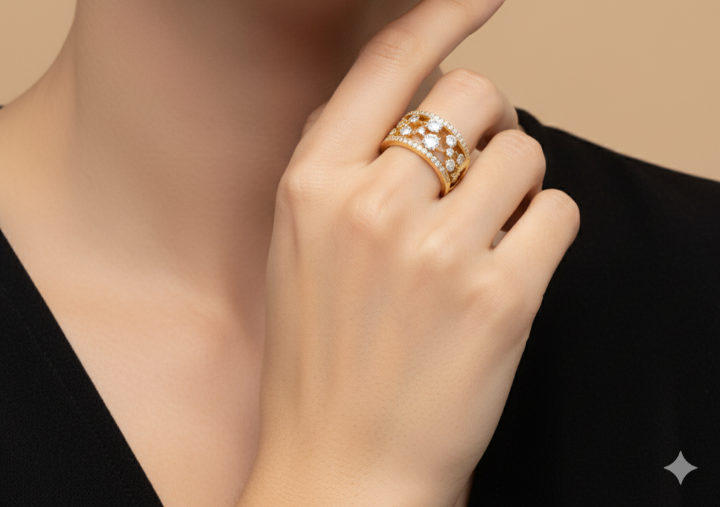 925 Silver Gold Plated Wide Diamond Band Ring | Openwork Korean Cocktail Ring for Women" - Image 3