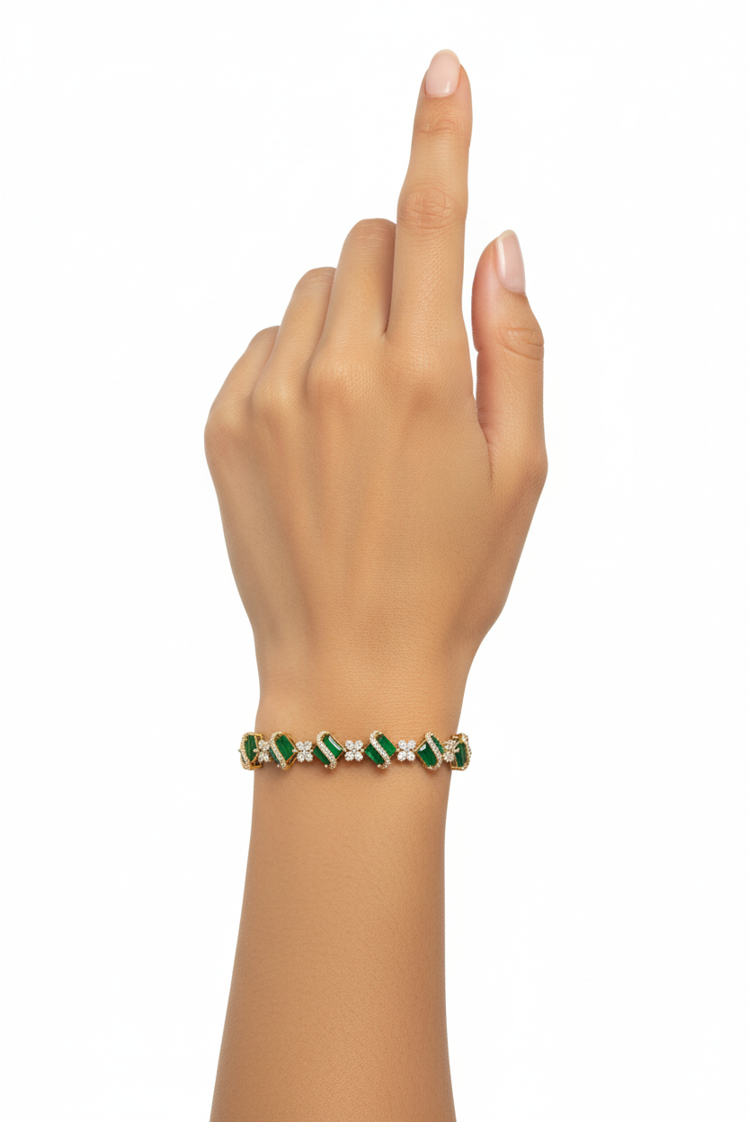 925 Silver Emerald Cut Bracelet with Diamond Accents | Sterling Silver Green Stone Jewelry - Image 2