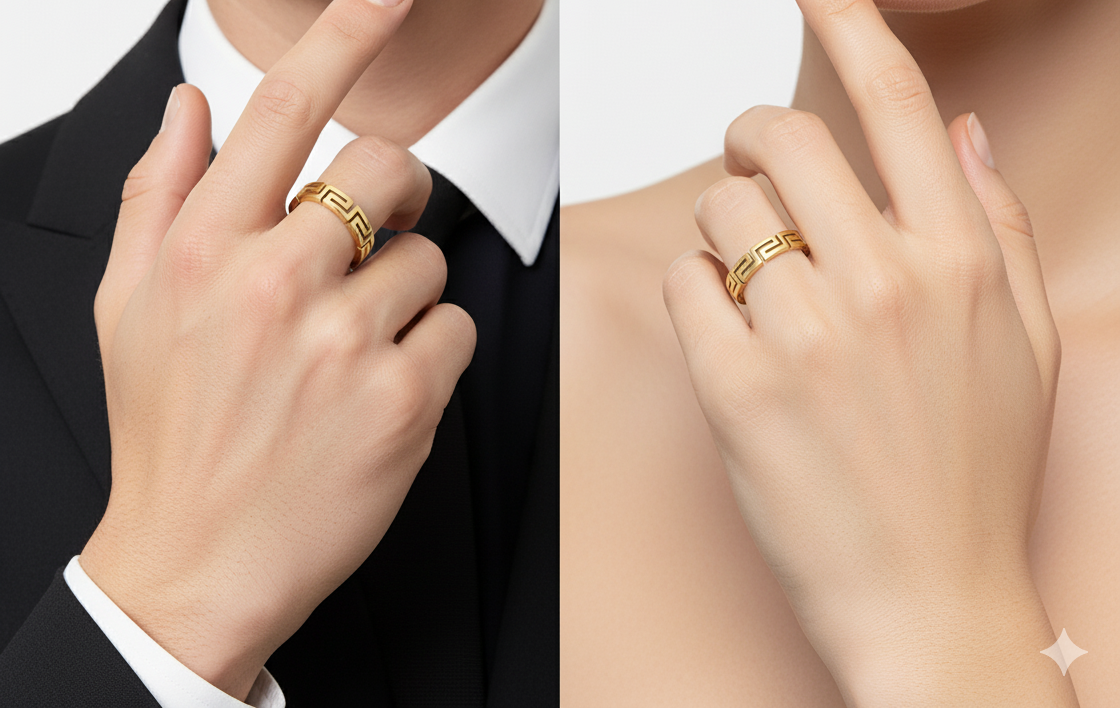 925 Silver Greek Key Design Gold Plated Band Ring | Unisex Geometric Pattern Ring" - Image 3