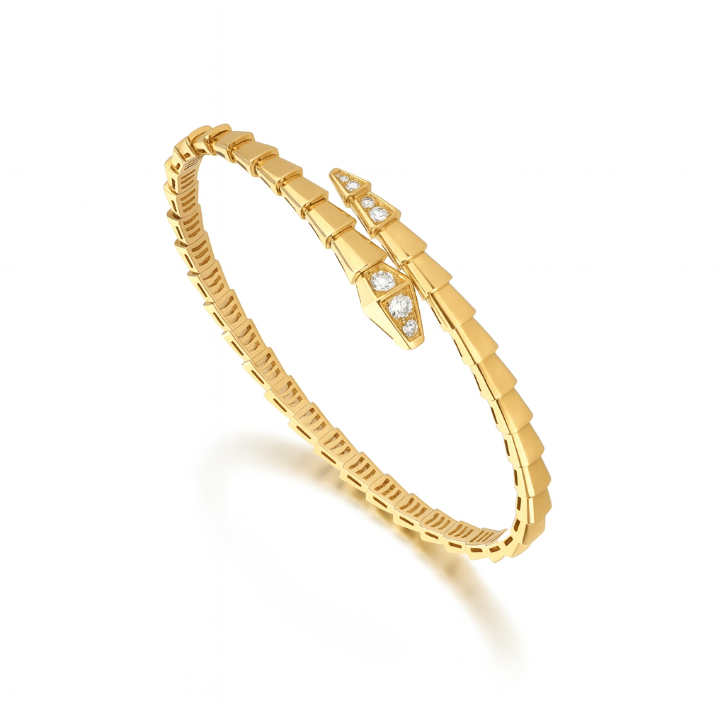 "18K Gold Snake Bangle with Diamonds | Serpent Design Unisex Bracelet"