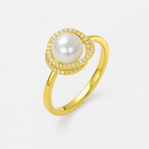 925 Silver & 18K Gold Pearl Ring with Diamond Halo | Women’s Pearl Engagement Ring"