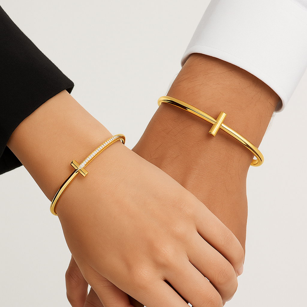 925 Silver & 18K Gold T Shape Diamond Bangle | Minimalist Couple Bracelet" - Image 3