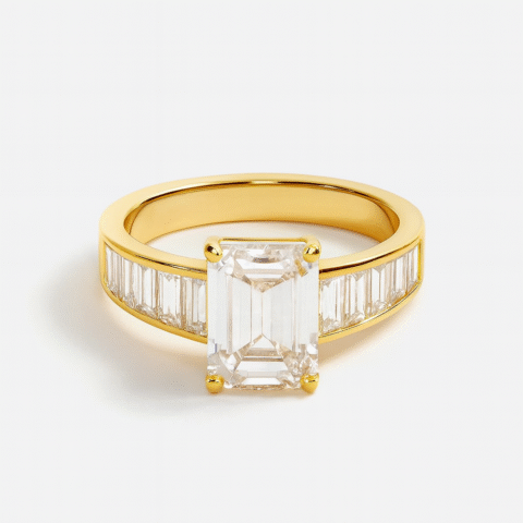 925 Silver 18KT Yellow Gold Plated Emerald Cut Solitaire Diamond Ring | Korean Design Engagement Ring for Women | Customizable Luxury Jewelry