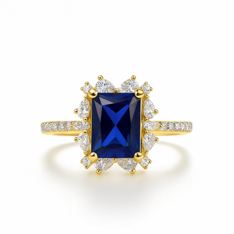 925 Silver 18KT Yellow Gold Plated Blue Sapphire Diamond Ring | Korean Design Luxury Jewelry for Women | Customizable Engagement & Party Wear Ring