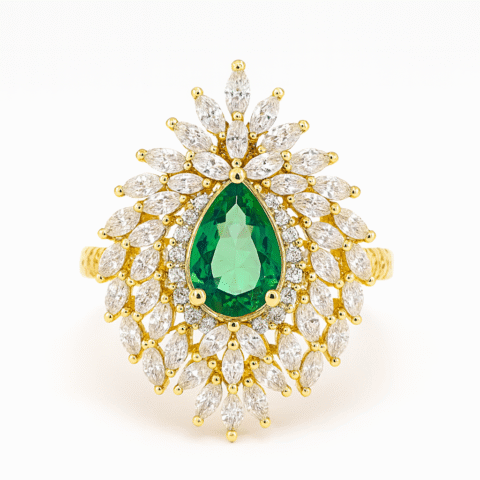 925 Silver 18KT Yellow Gold Plated Green Emerald Diamond Ring | Korean Design Luxury Women’s Jewelry | Customizable Statement Ring