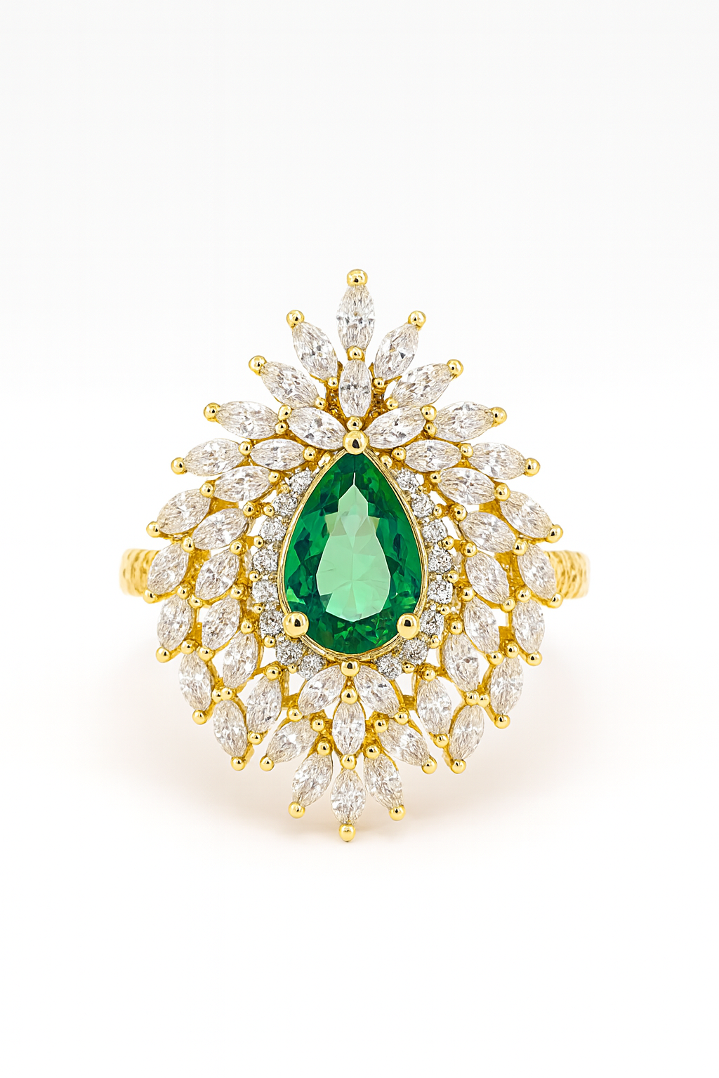 925 Silver 18KT Yellow Gold Plated Green Emerald Diamond Ring | Korean Design Luxury Women’s Jewelry | Customizable Statement Ring