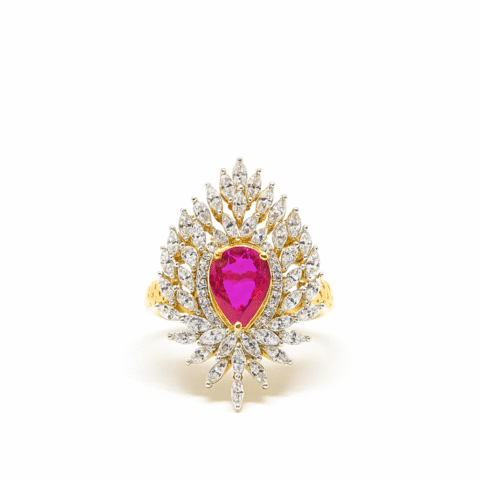 925 Silver 18KT Yellow Gold Plated Pink Ruby Diamond Ring | Korean Design Luxury Jewelry for Women | Customizable Statement Ring