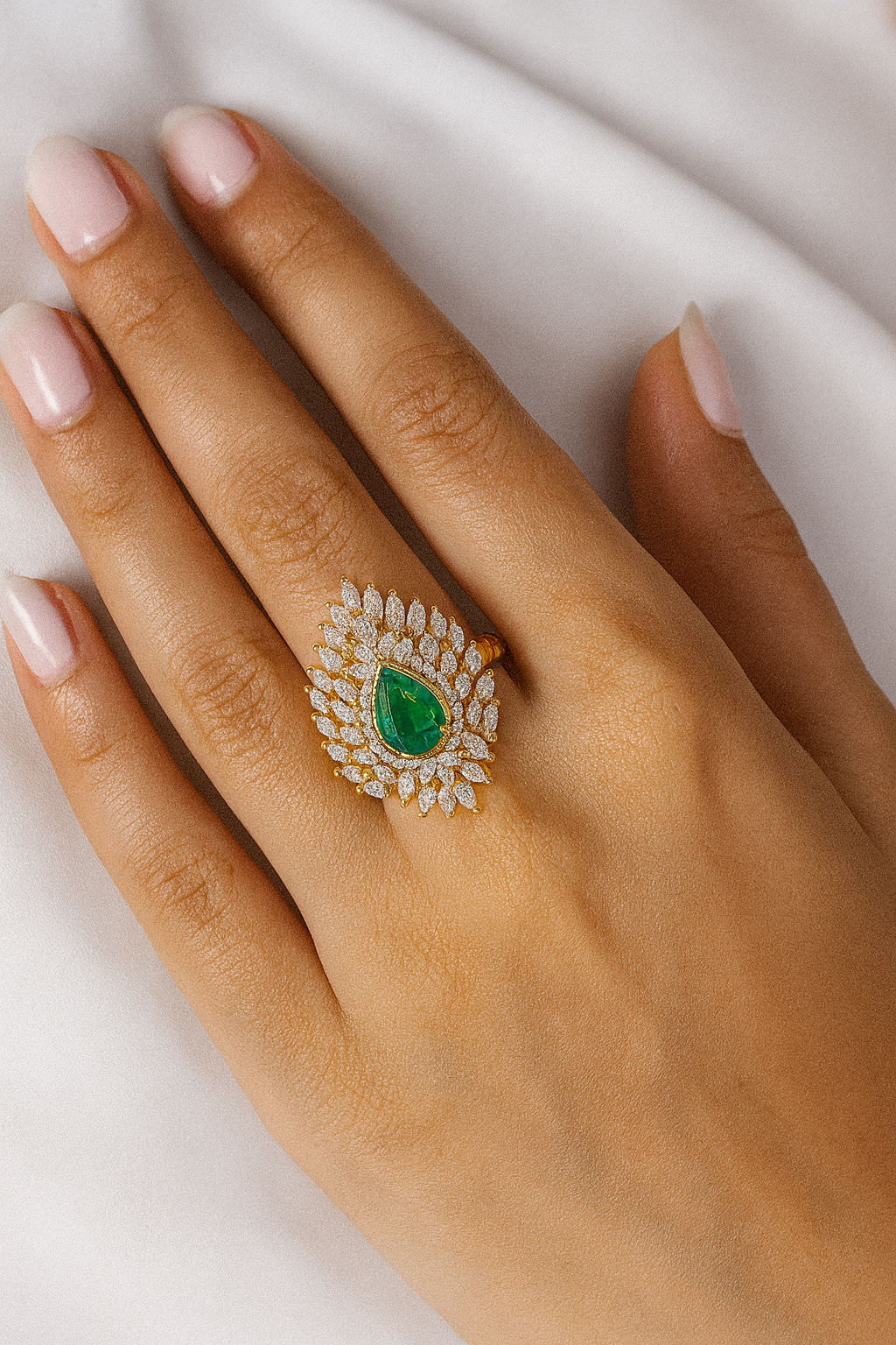 925 Silver 18KT Yellow Gold Plated Green Emerald Diamond Ring | Korean Design Luxury Women’s Jewelry | Customizable Statement Ring - Image 3