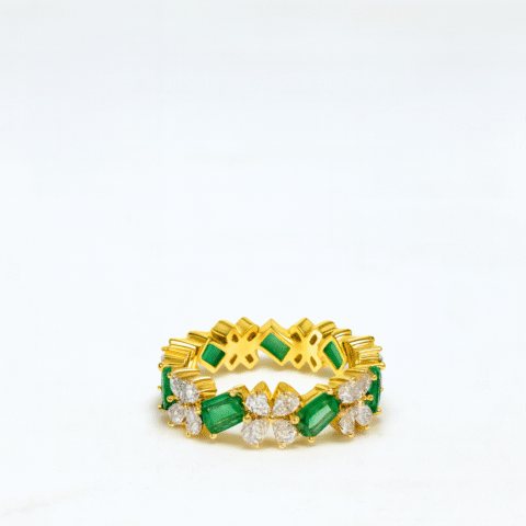 925 Silver Emerald and Diamond Eternity Band in 18K Yellow Gold | Green Stone Wedding Ring for Women”