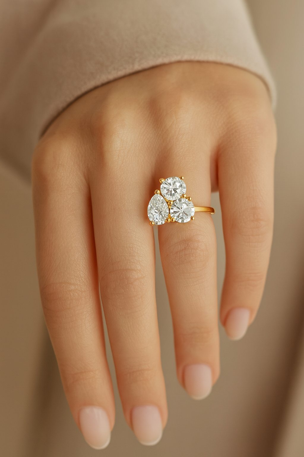 925 Silver 18KT Yellow Gold Plated Triple Diamond Ring | Korean Design Luxury Women’s Jewelry | Customizable Engagement & Party Wear Ring - Image 3