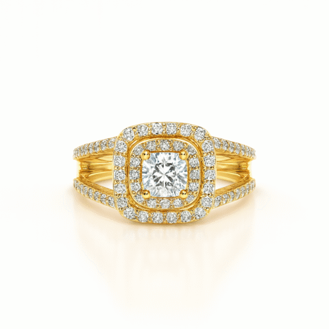 925 Silver 18KT Yellow Gold Plated Round Cut Double Halo Diamond Ring | Korean Design Engagement Ring for Women | Customizable Luxury Jewelry