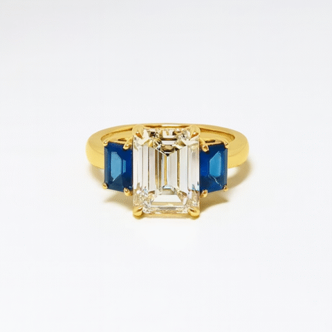 925 Silver Emerald Cut White Stone Ring with Blue Sapphire Stone