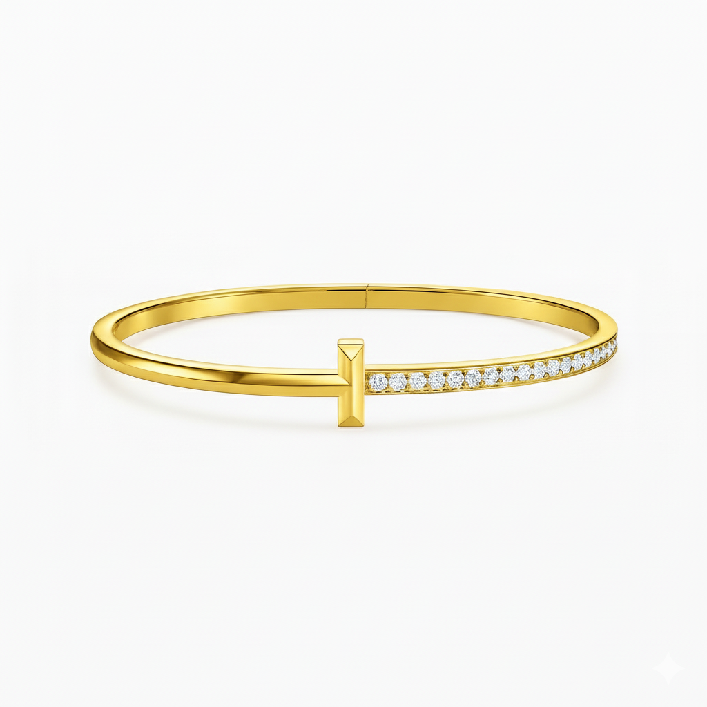 925 Silver & 18K Gold T Shape Diamond Bangle | Minimalist Couple Bracelet"