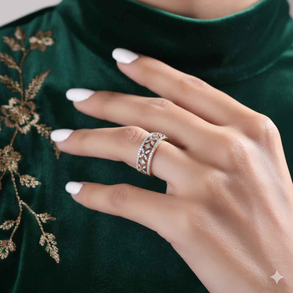 925 Sterling Silver Floral Pattern Statement Ring Wide Band - Image 3