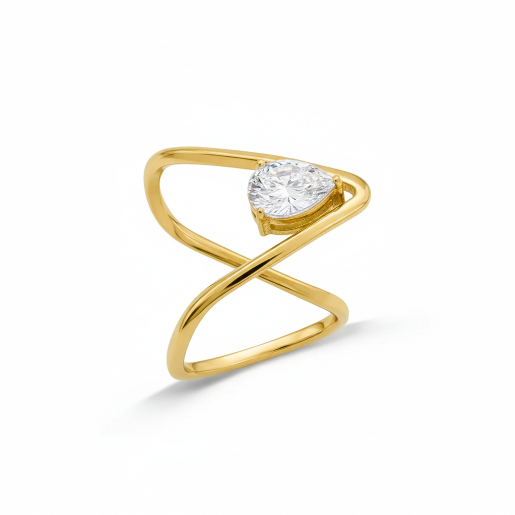 925 Silver Vermeil Crossover Pear Diamond Ring for Women – Elegant Gold Plated Open Design