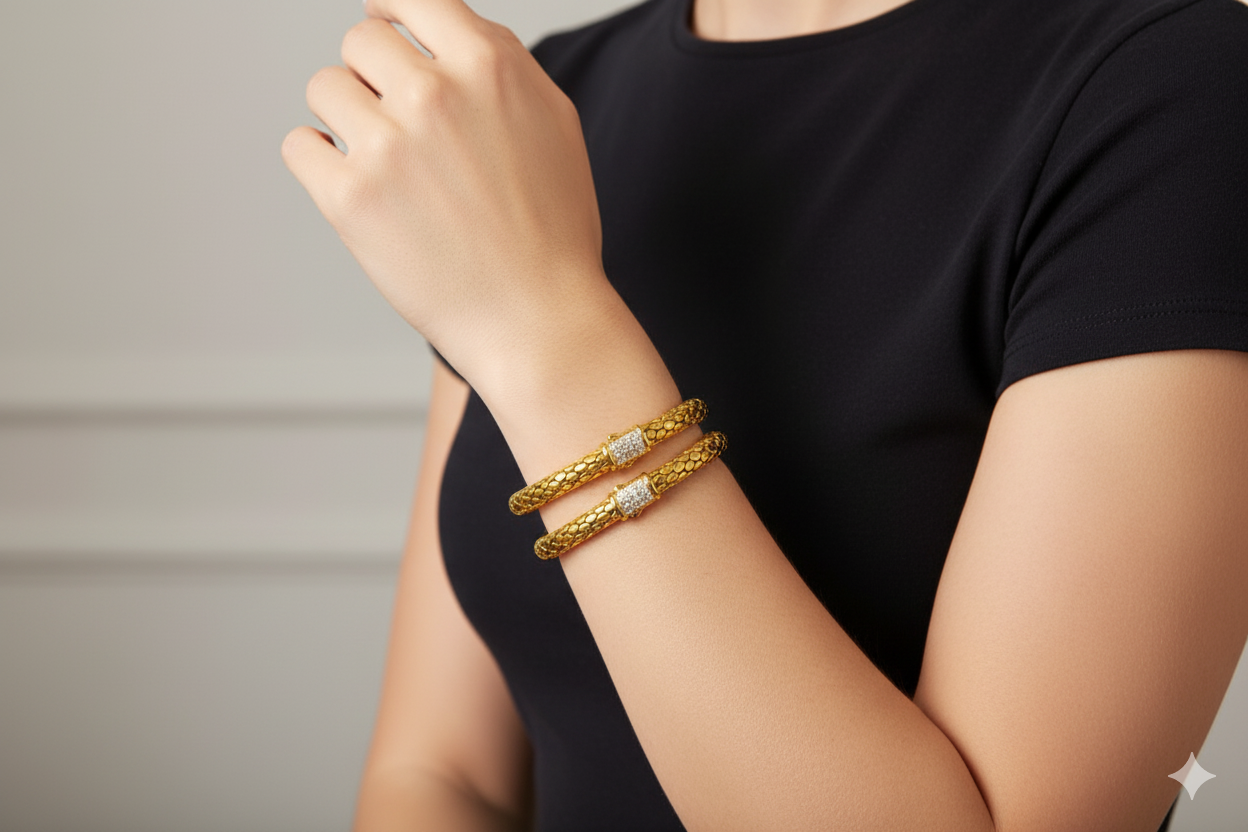 18K Gold Textured Designer Bangles with Diamond Accents | Unisex Jewelry” - Image 2