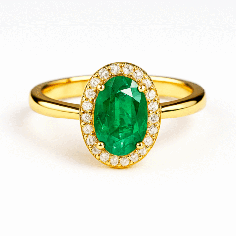 925 Silver Emerald Halo Gold Ring for Women | 18K Gold Oval Emerald Ring