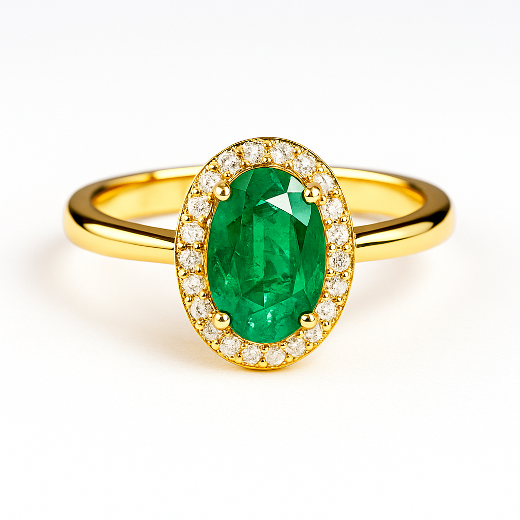 925 Silver Emerald Halo Gold Ring for Women | 18K Gold Oval Emerald Ring