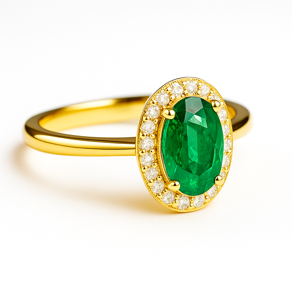 925 Silver Emerald Halo Gold Ring for Women | 18K Gold Oval Emerald Ring - Image 3