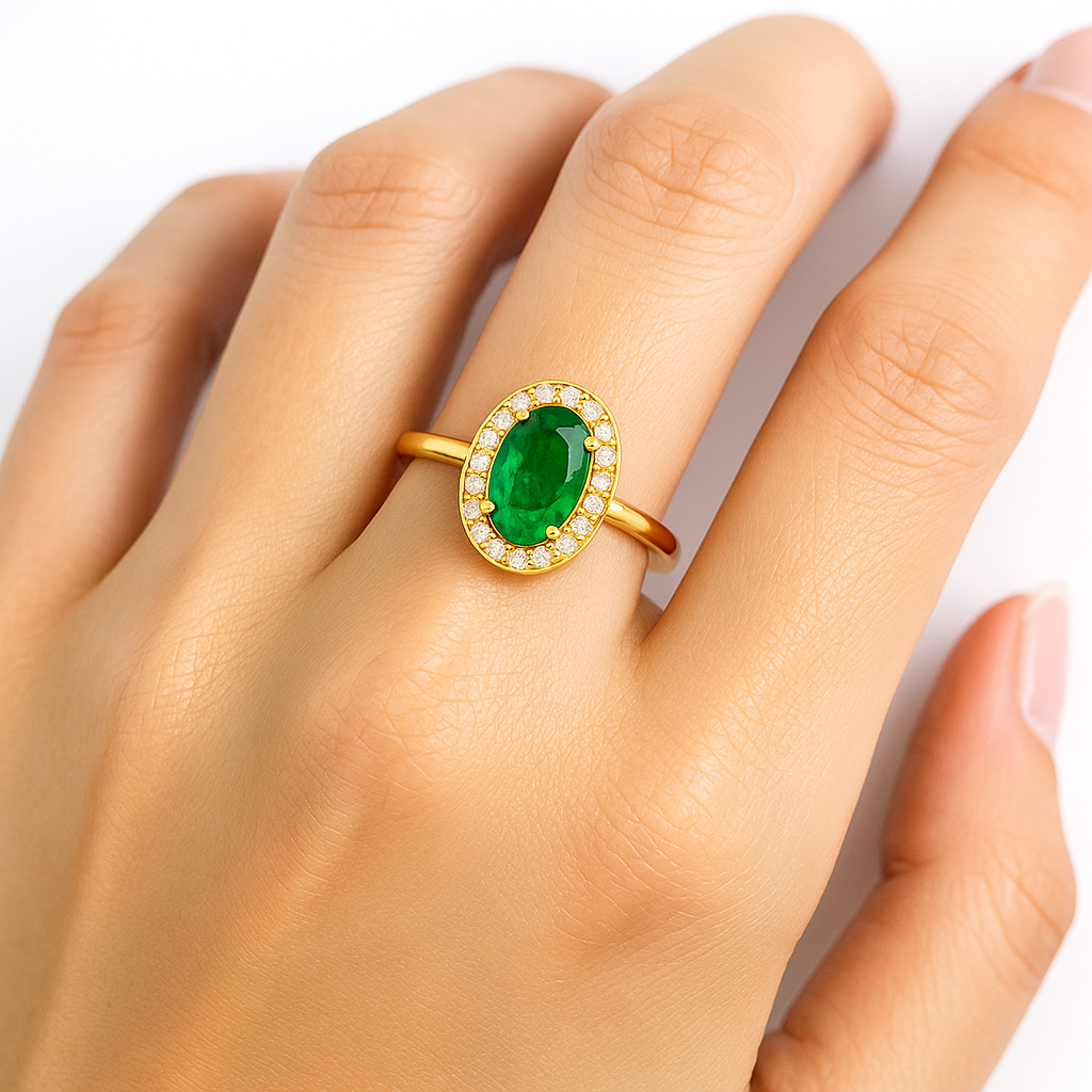 925 Silver Emerald Halo Gold Ring for Women | 18K Gold Oval Emerald Ring - Image 2
