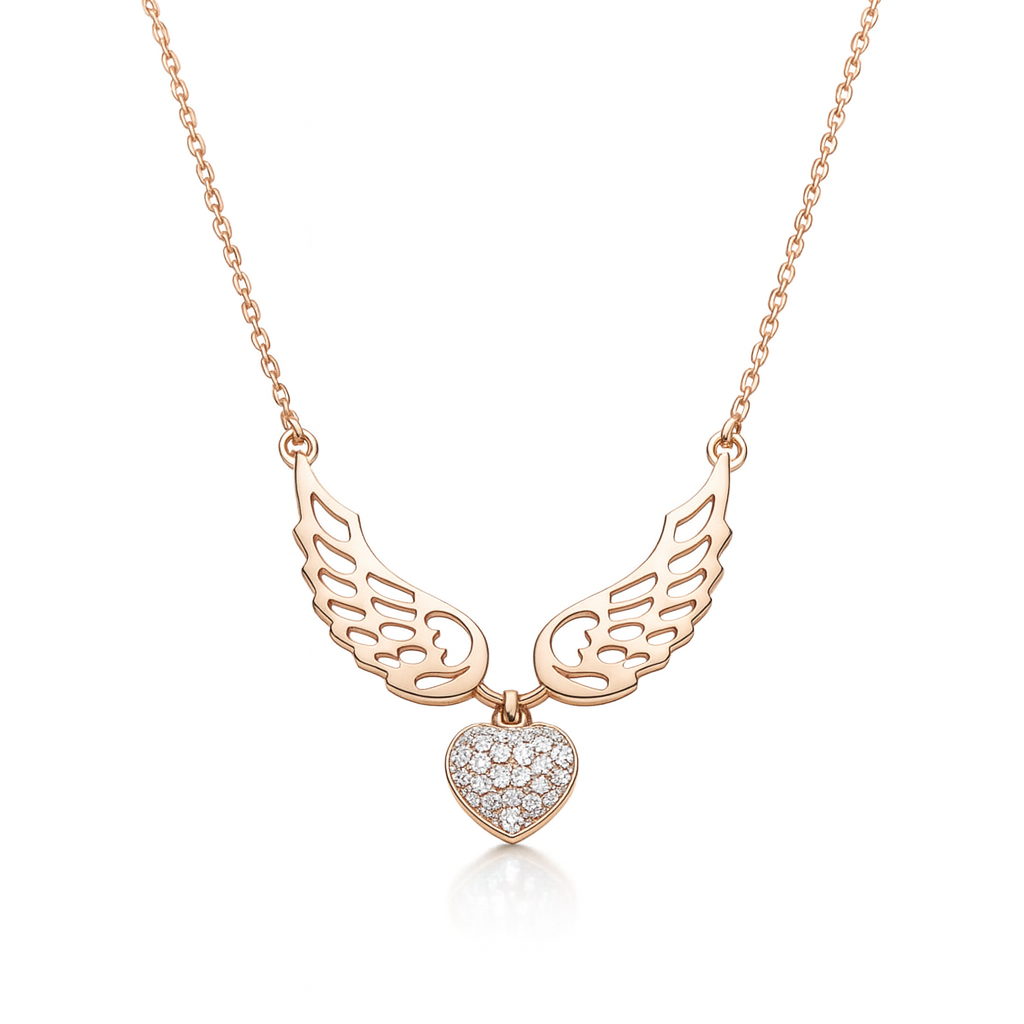 925 Silver Angel Wings Heart Pendant Necklace – Rose Gold Plated